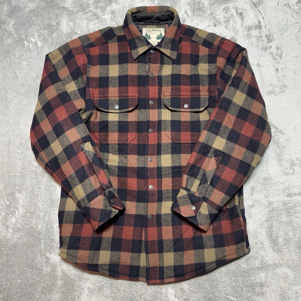 VTG L.L. Bean Wool Flannel Shirt Jacket Quilted Lined Red Plaid Medium 22.5x30.5